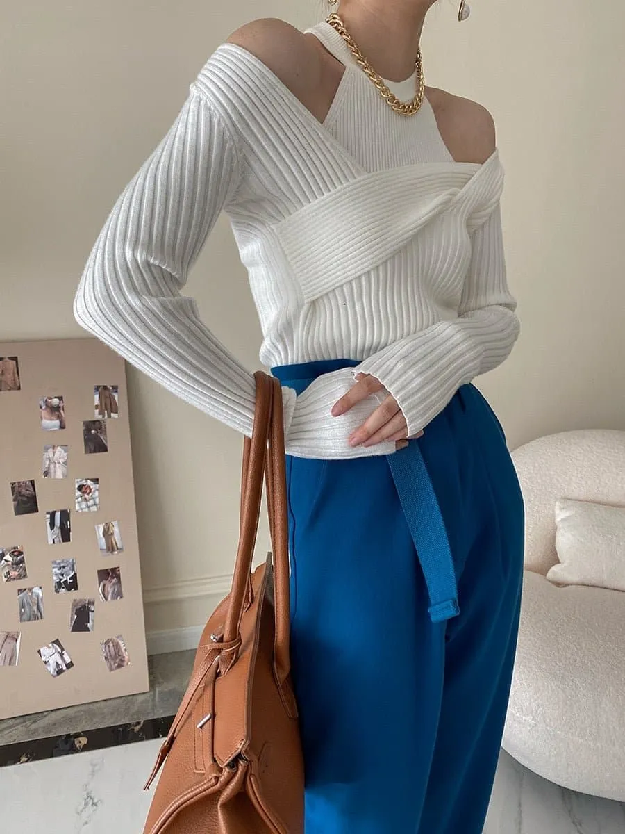 2-Piece Halter Tank Top with Long Sleeve Sweater Set