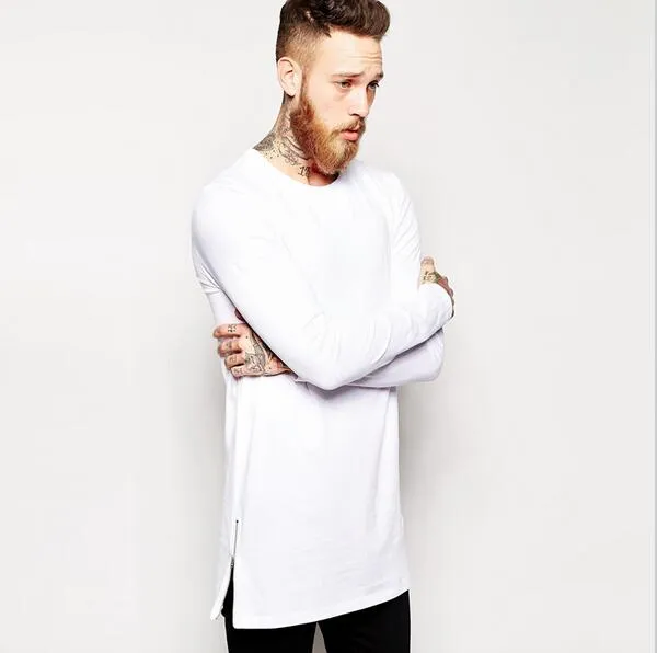 2017 Brand New extra long tee shirt for men hip hop men's longline t shirt long sleeve tall tees side zipper oversized t-shirt