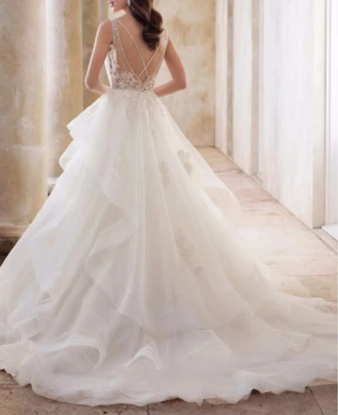 A-Line V neck Wedding Dress Lace tiered Bridal Dress