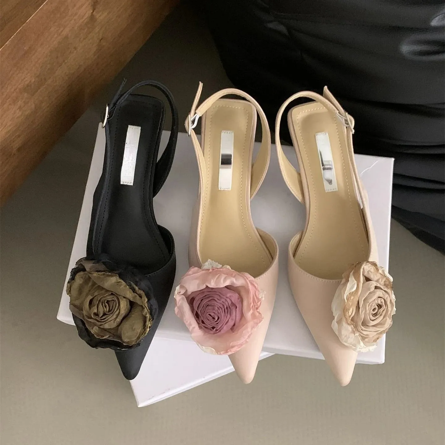 Advbridge  -  Flower Designer Sandals Women Elegant Satin Mule Shoes 2024 Summer Pointed Toe Pumps Low Heel Flowers Slingback Sandals Female