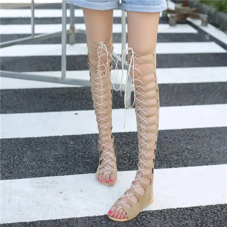 Beige Suede High Lace Up Gladiator Sandals