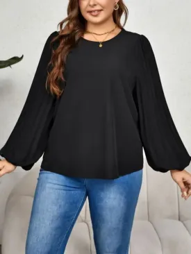 Black Lantern Sleeve Shirt for Women - Loose Fit, Elegant Style