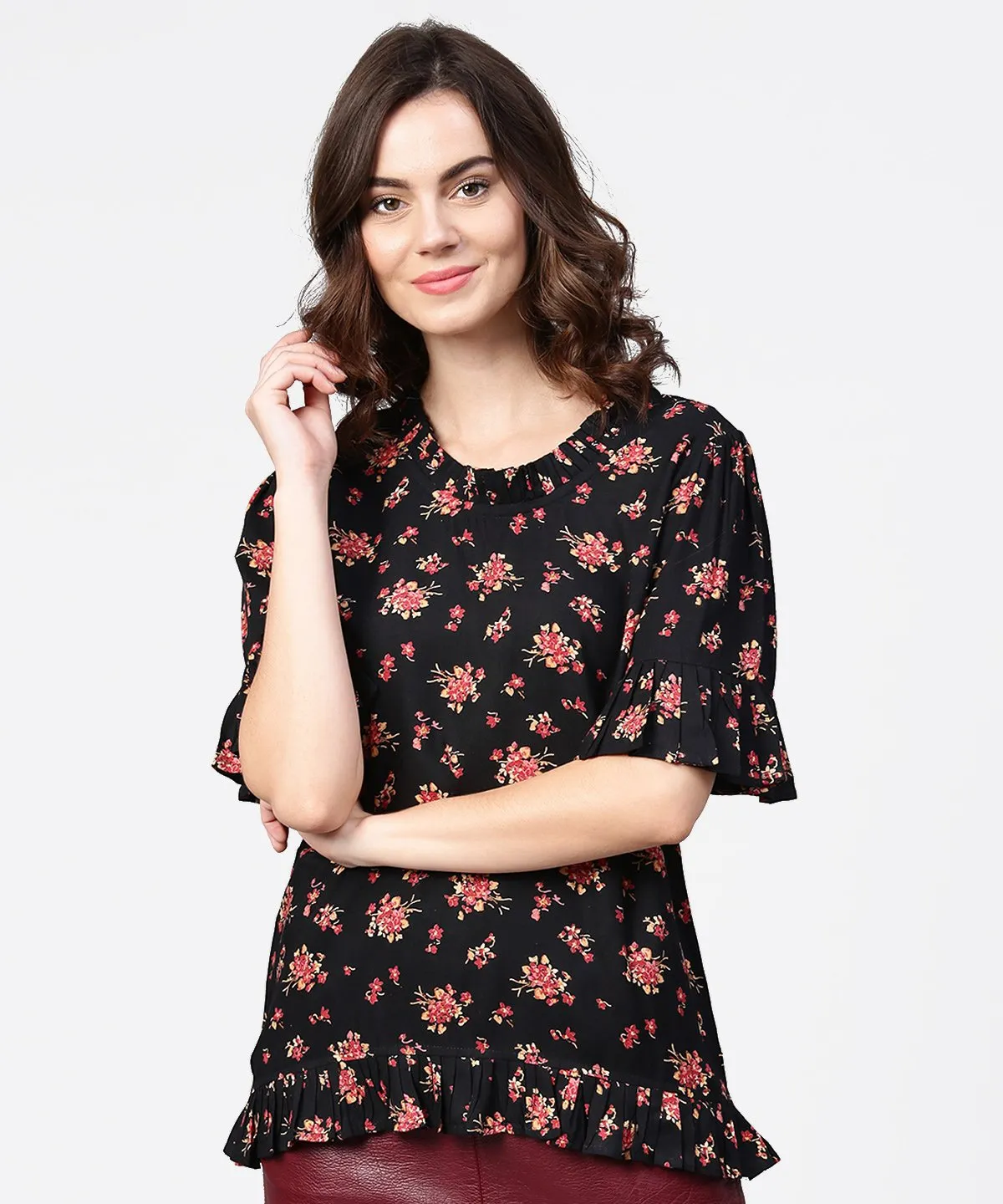 Black Printed Half Sleeve Cotton Tops