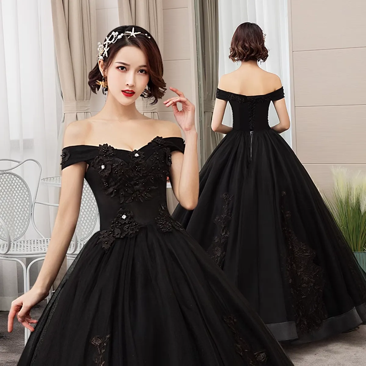 Black Sweetheart Tulle Ball Gown Off Shoulder Party Dress, Black Sweet 16 Dress