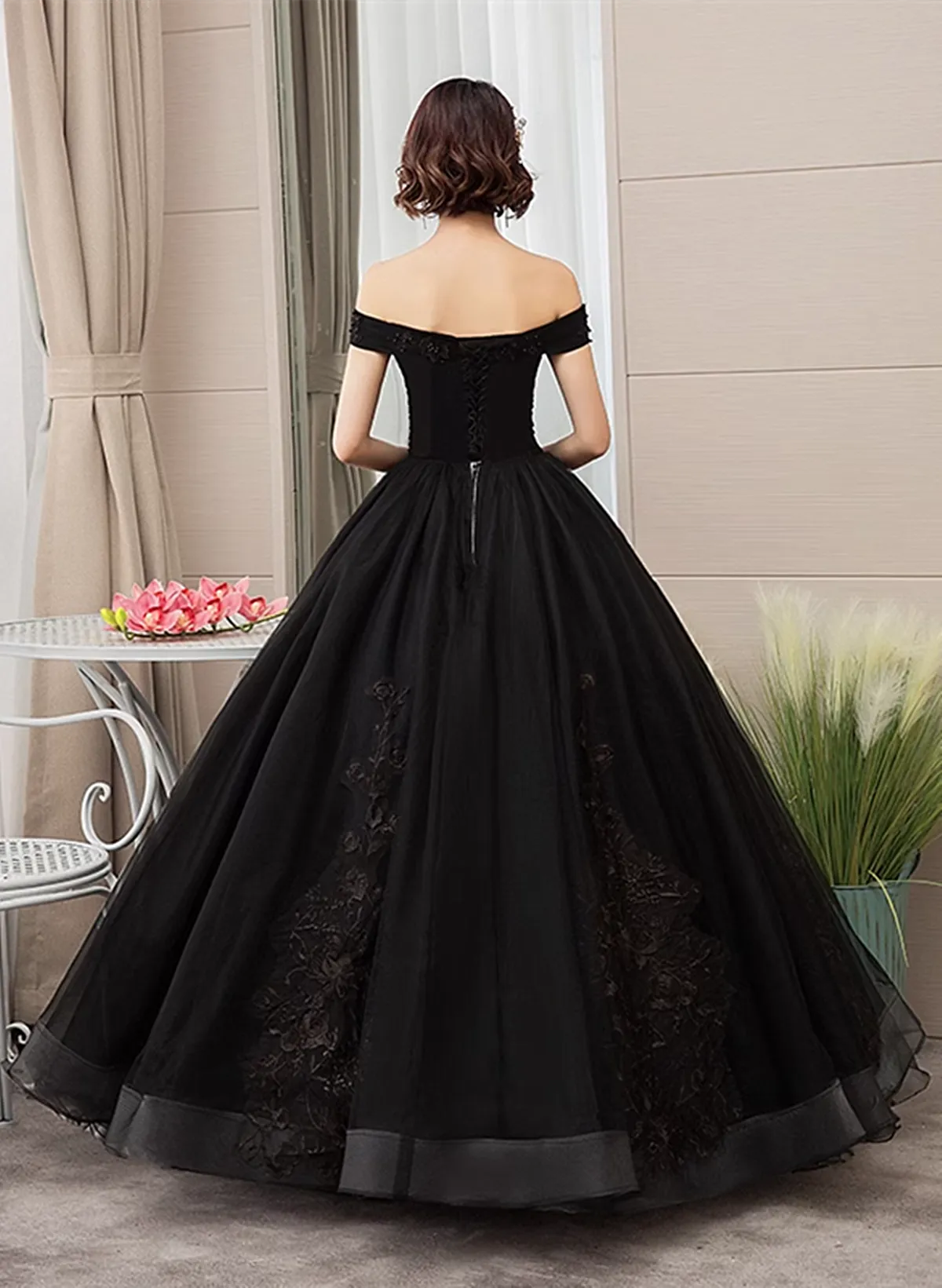 Black Sweetheart Tulle Ball Gown Off Shoulder Party Dress, Black Sweet 16 Dress