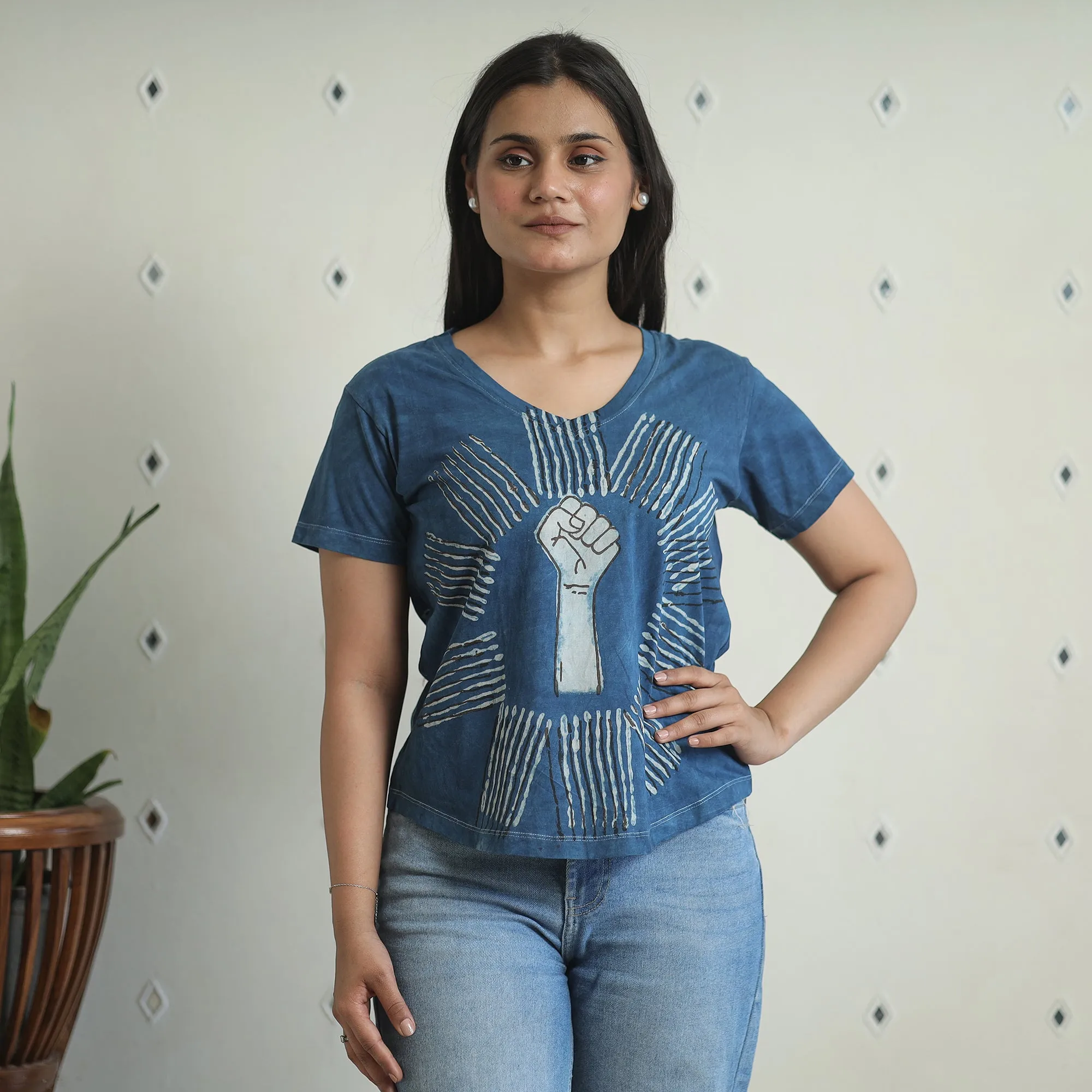 Blue - Bindaas Block Art Printed Cotton Women V Neck T-shirt 09