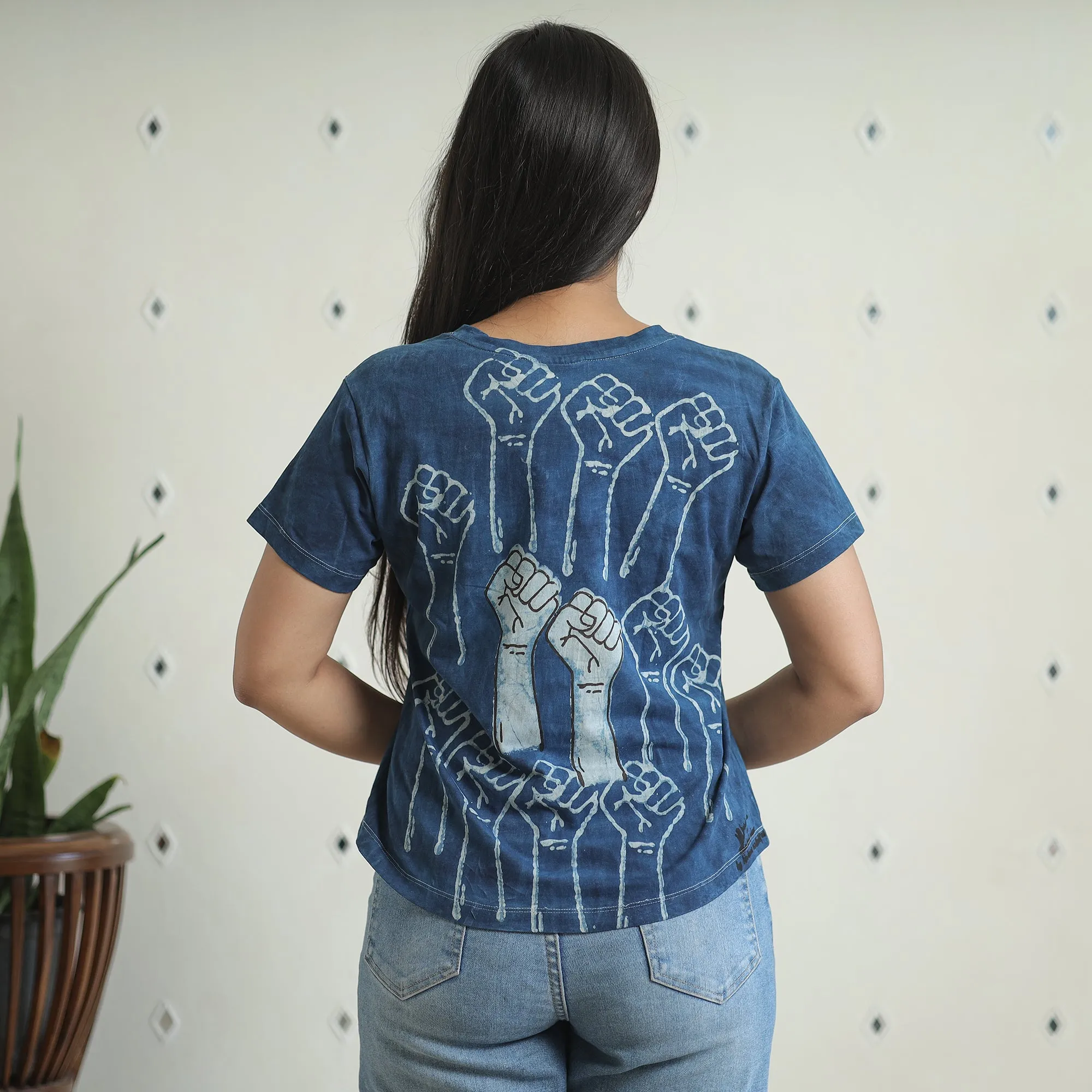 Blue - Bindaas Block Art Printed Cotton Women V Neck T-shirt 09