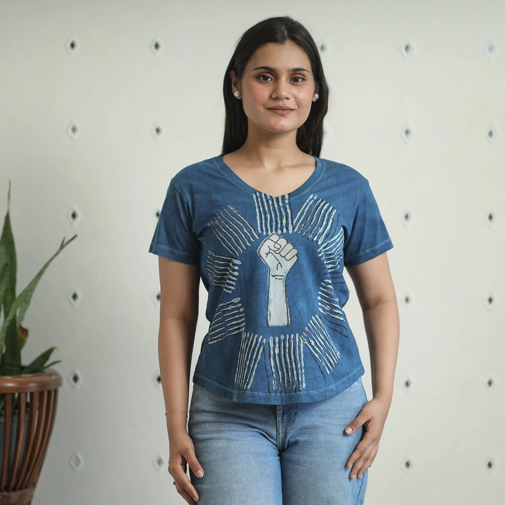 Blue - Bindaas Block Art Printed Cotton Women V Neck T-shirt 09