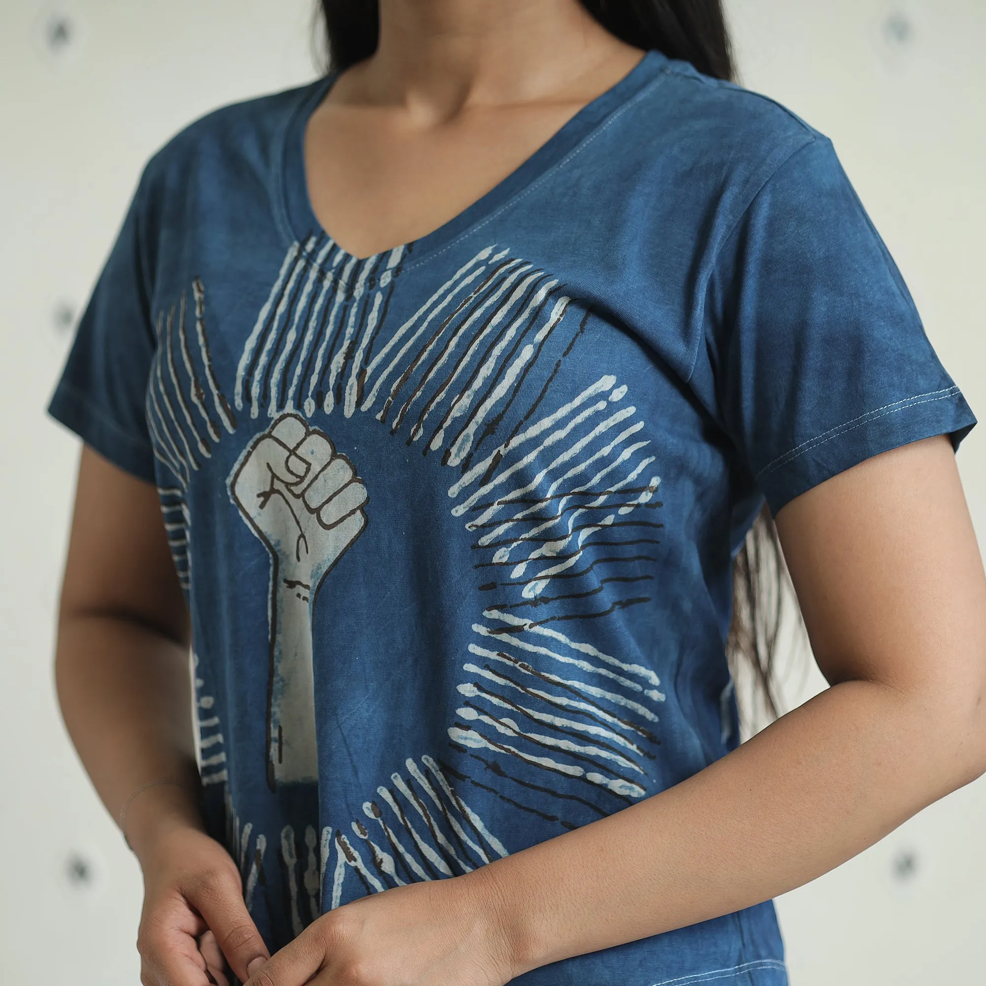 Blue - Bindaas Block Art Printed Cotton Women V Neck T-shirt 09