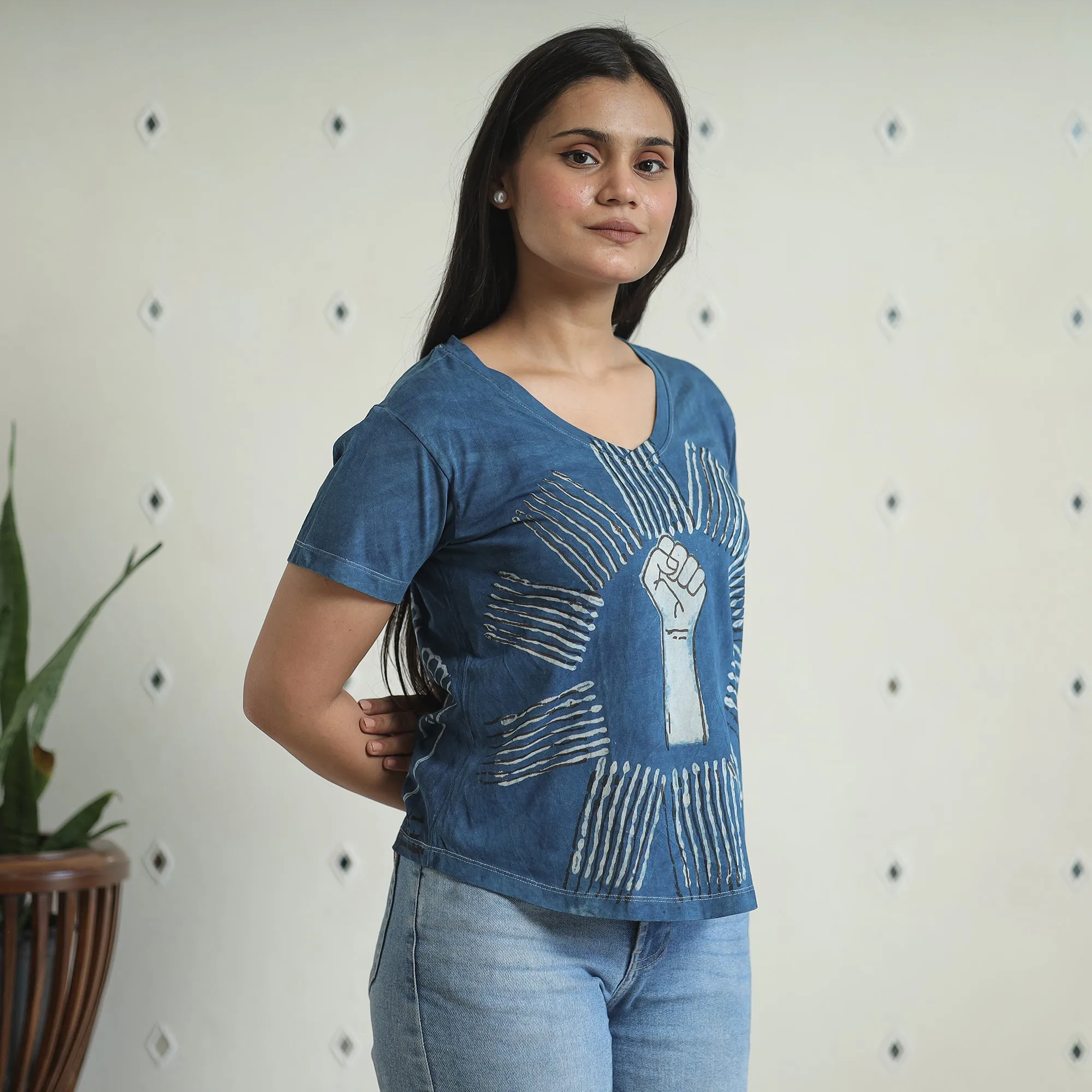 Blue - Bindaas Block Art Printed Cotton Women V Neck T-shirt 09