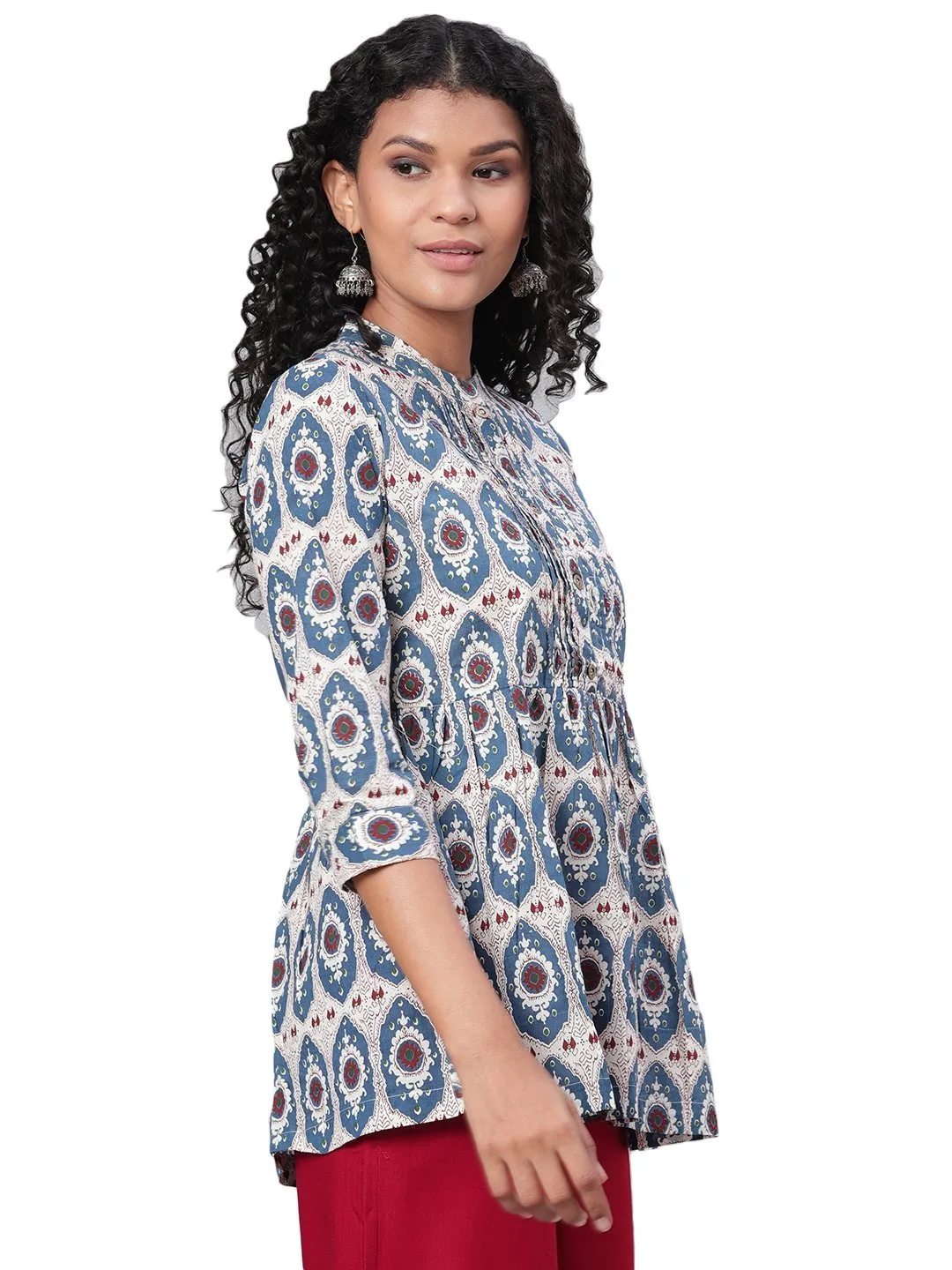 Blue Printed Casual Cotton Tunic Top