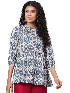 Blue Printed Casual Cotton Tunic Top