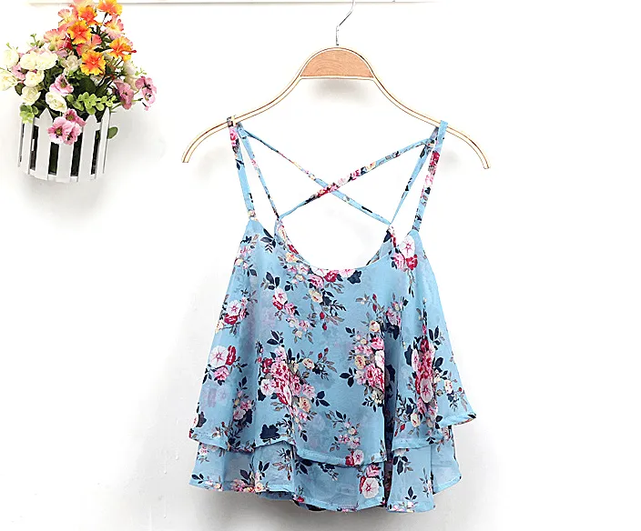 Blusa Hot 4Colors Women Summer Strap Floral Print Chiffon Blouse Sexy Tops Retro Floral Cross-Shoulder Shirts Sleeveless T