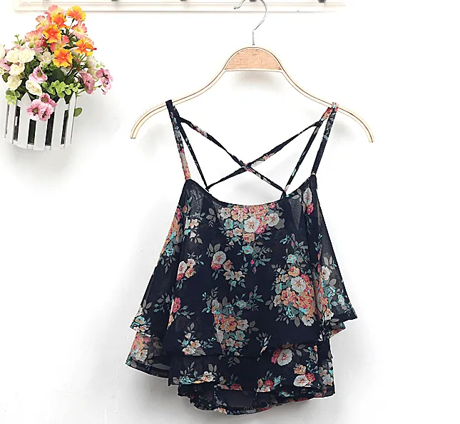 Blusa Hot 4Colors Women Summer Strap Floral Print Chiffon Blouse Sexy Tops Retro Floral Cross-Shoulder Shirts Sleeveless T