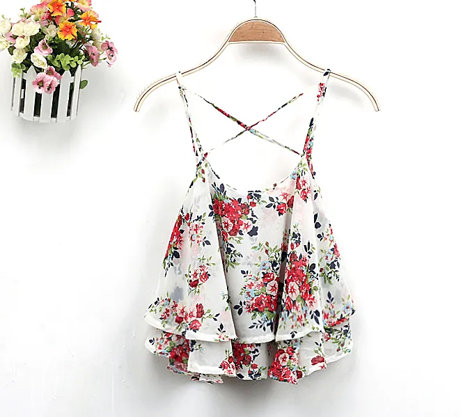 Blusa Hot 4Colors Women Summer Strap Floral Print Chiffon Blouse Sexy Tops Retro Floral Cross-Shoulder Shirts Sleeveless T