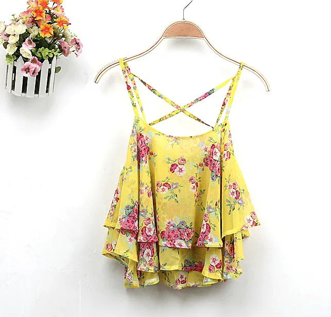 Blusa Hot 4Colors Women Summer Strap Floral Print Chiffon Blouse Sexy Tops Retro Floral Cross-Shoulder Shirts Sleeveless T