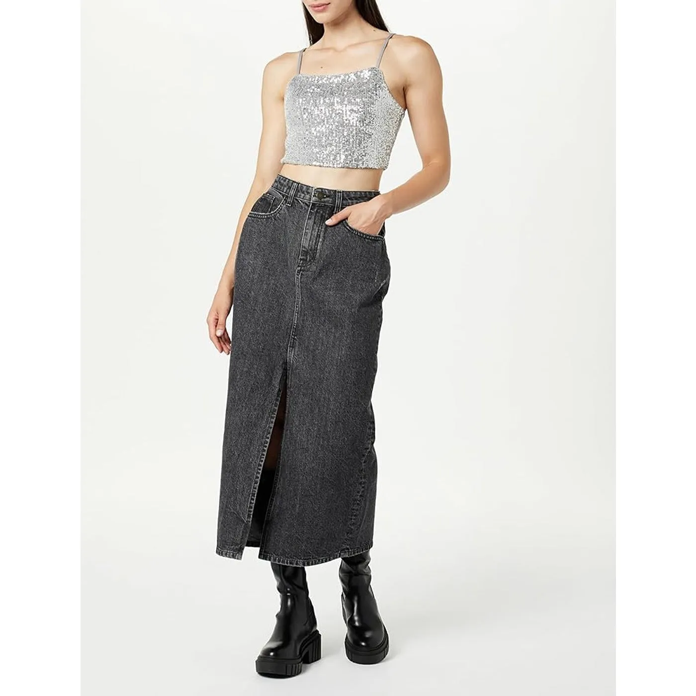 Charcoal High Waist Denim Skirt