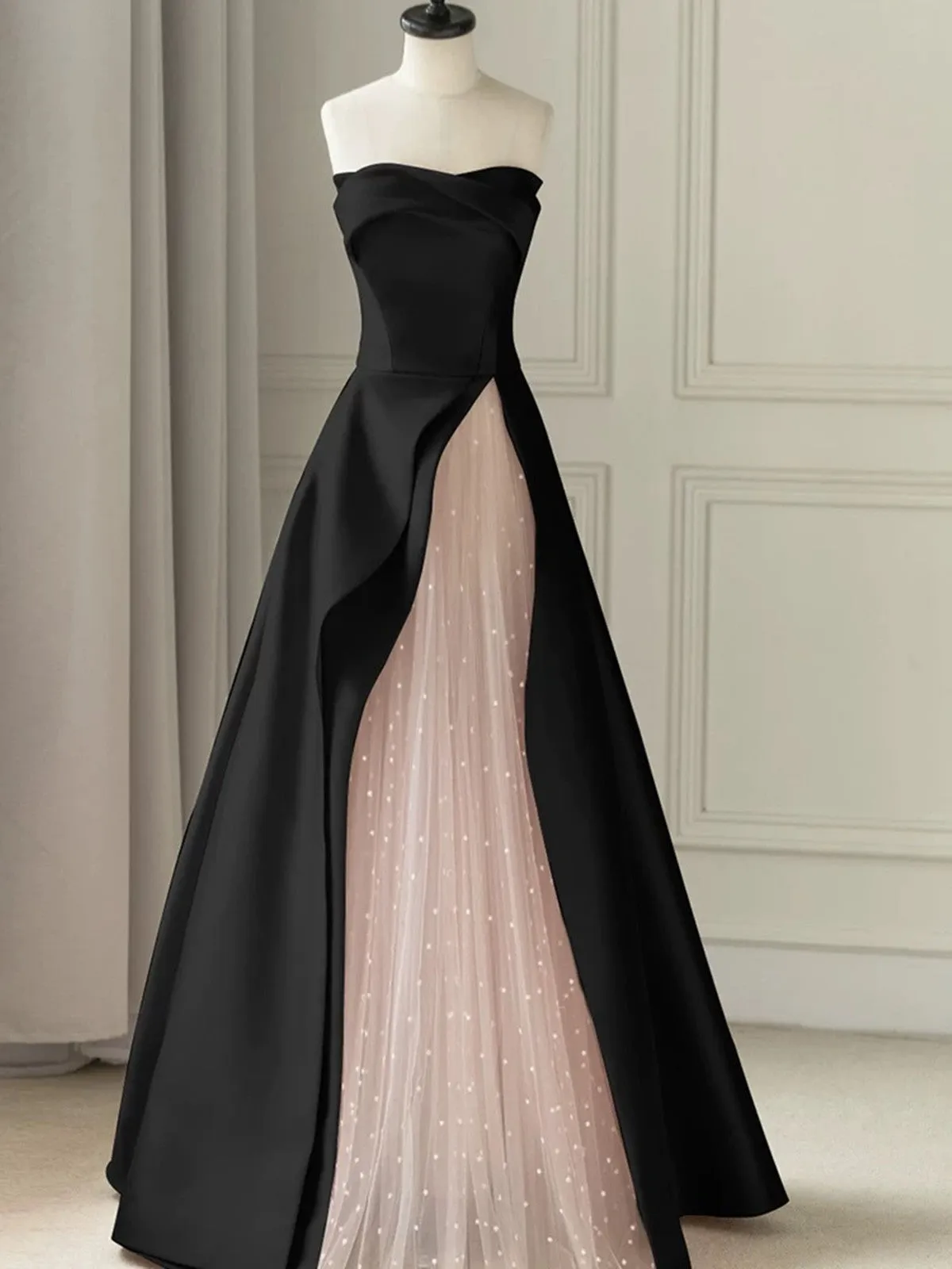 Chic Pink and Black Satin with Tulle Prom Dress, A-line Long Party Dress