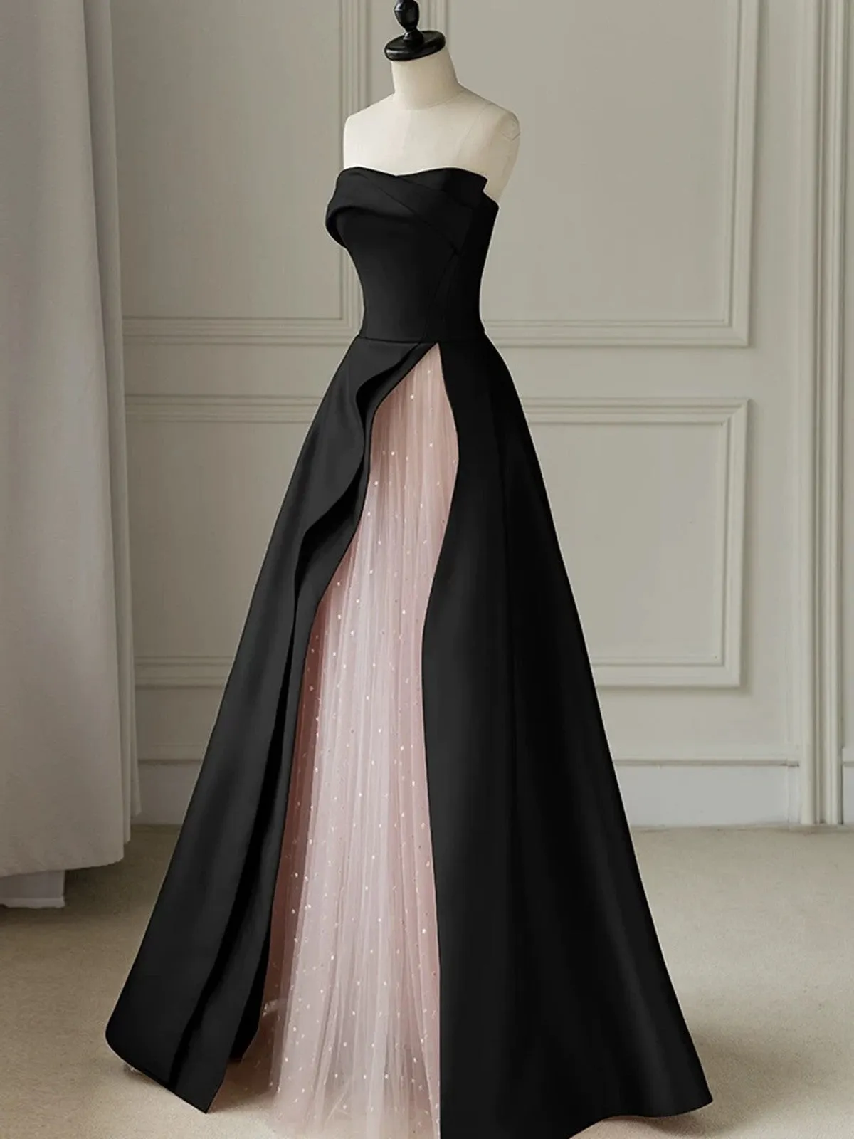 Chic Pink and Black Satin with Tulle Prom Dress, A-line Long Party Dress