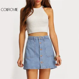 COLROVIE Famous 2016 Summer Style Women Mini Skirts High Waist Sexy Womens Pockets Blue Single Breasted Denim A-Line Skirt