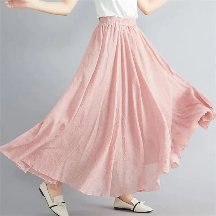 Cotton Linen Flared Maxi Skirts for Women - Breathable and Elegant Ankle-Length Skirt