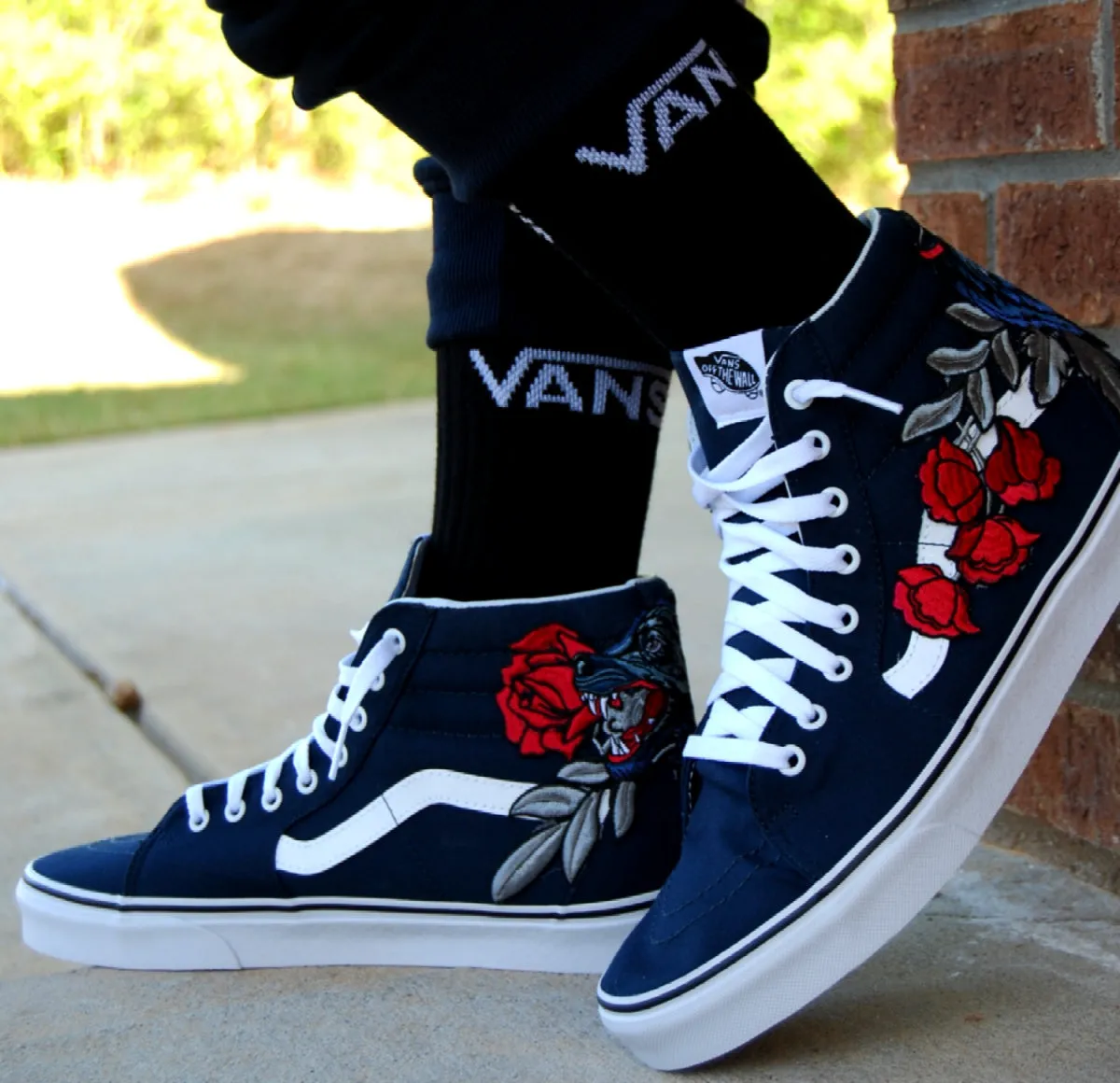 Custom Embroidered Wolf Rose Vans Navy Sneakers Shoes