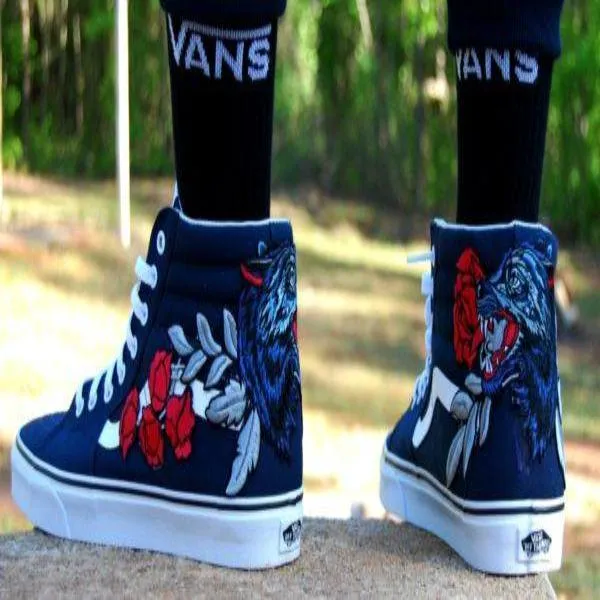 Custom Embroidered Wolf Rose Vans Navy Sneakers Shoes