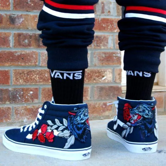 Custom Embroidered Wolf Rose Vans Navy Sneakers Shoes