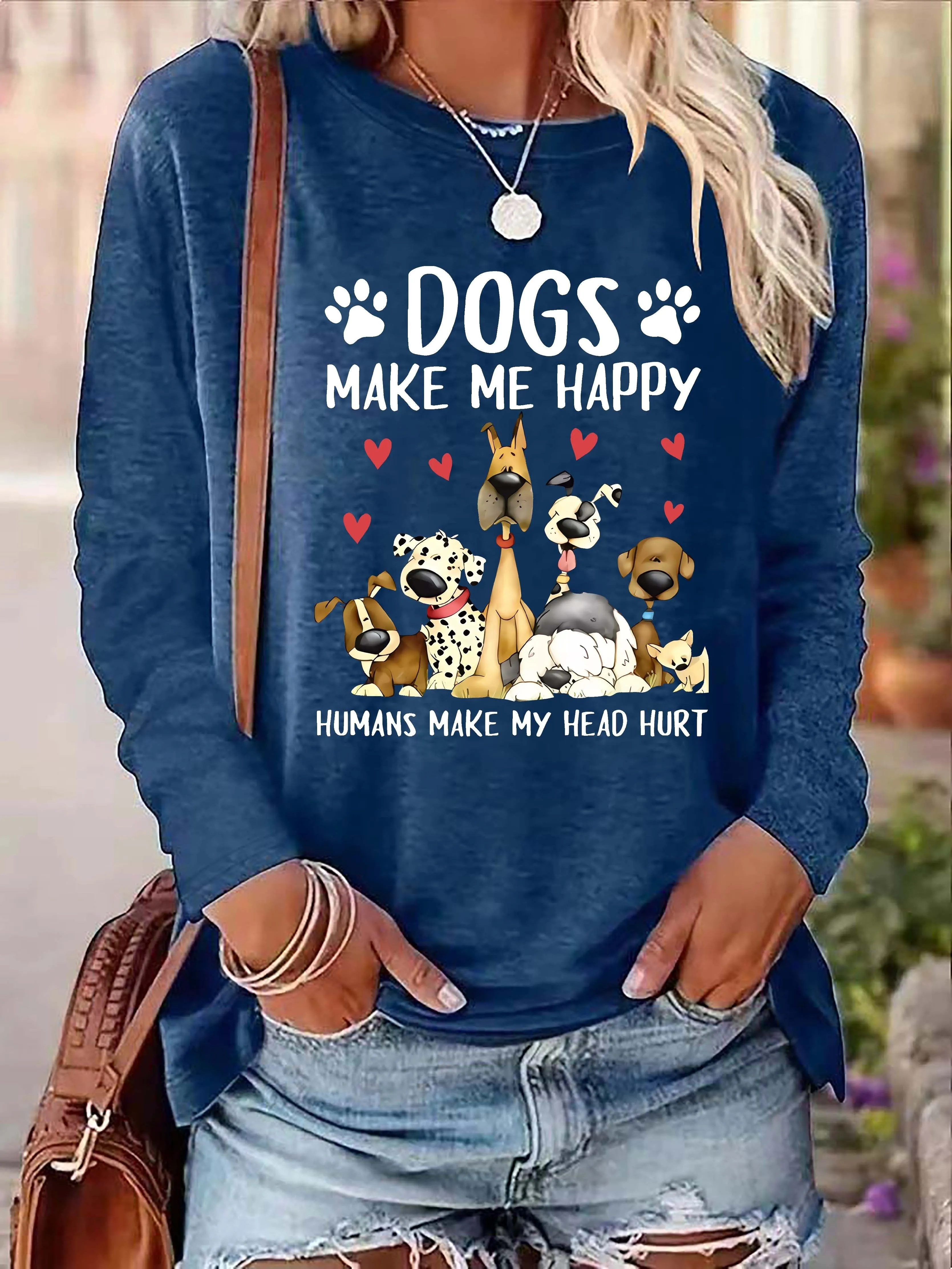 Dog  Letter Print Crew Neck TShirt for Women