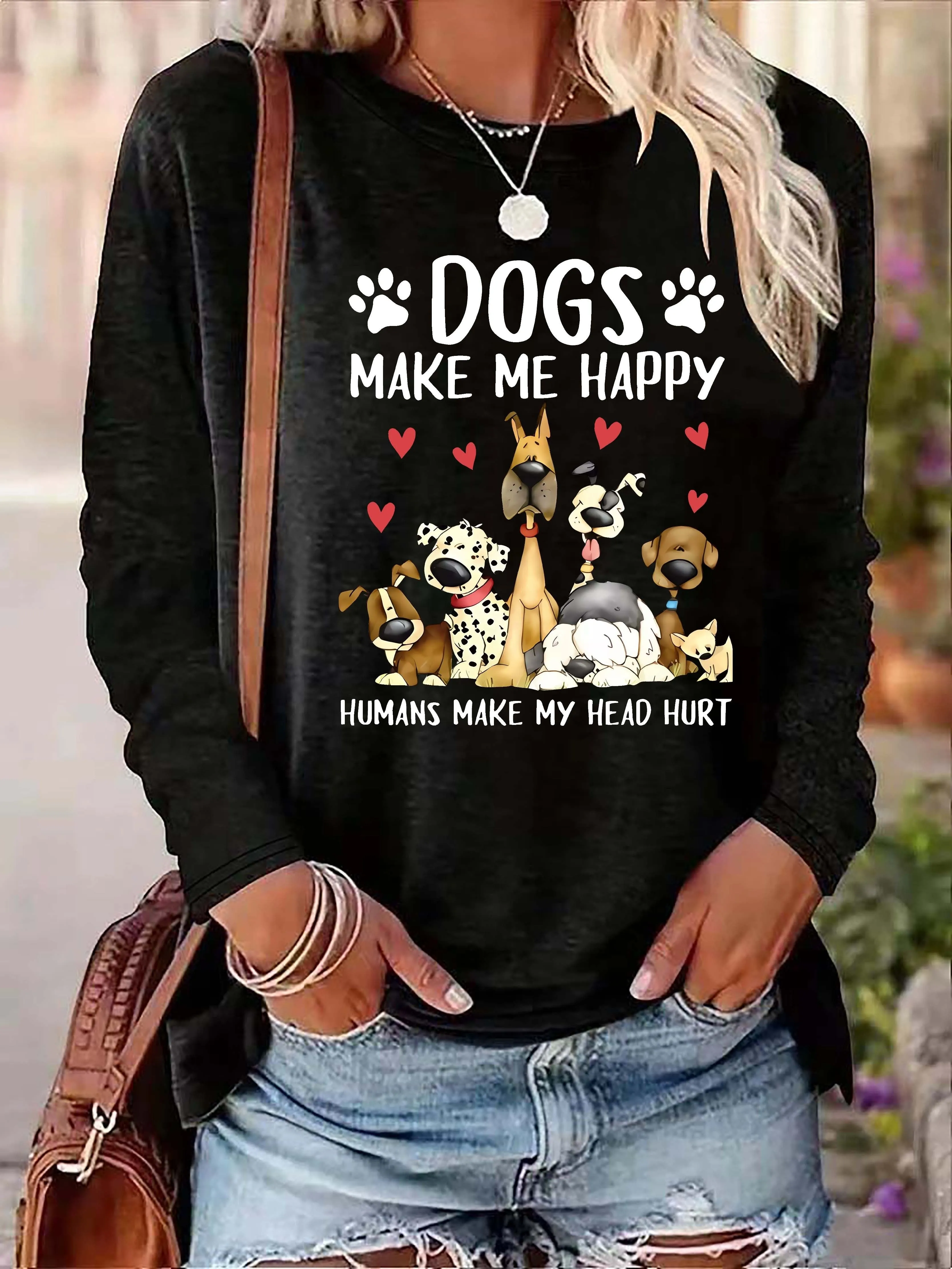 Dog  Letter Print Crew Neck TShirt for Women