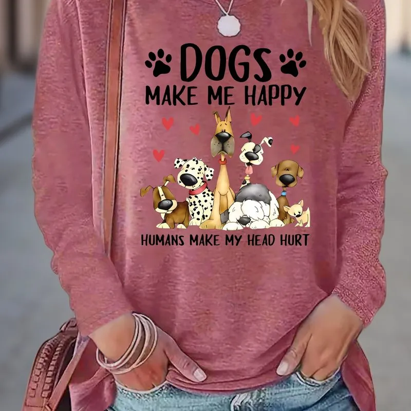 Dog  Letter Print Crew Neck TShirt for Women