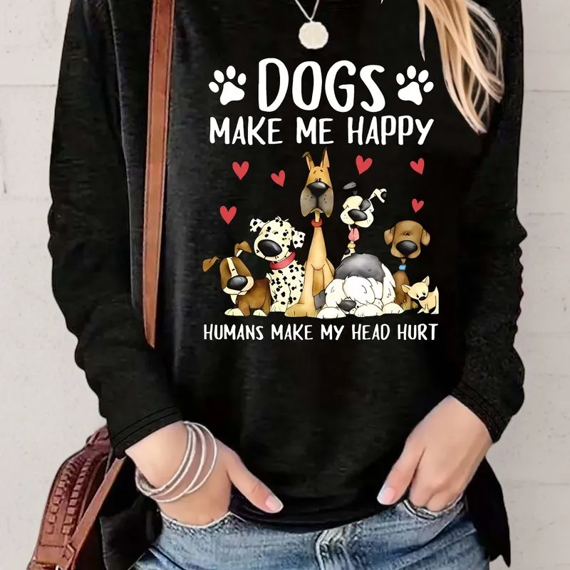 Dog  Letter Print Crew Neck TShirt for Women