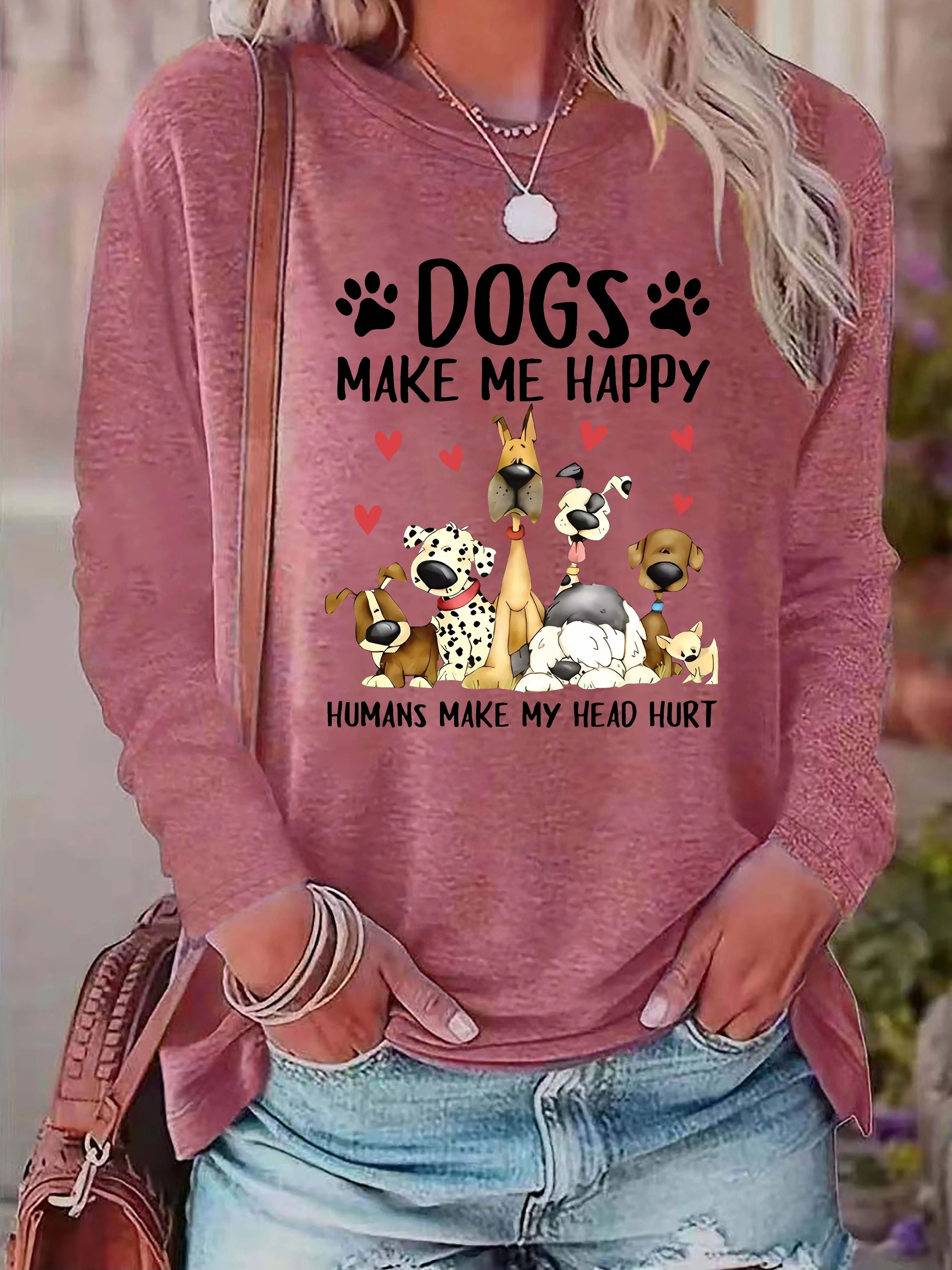 Dog  Letter Print Crew Neck TShirt for Women