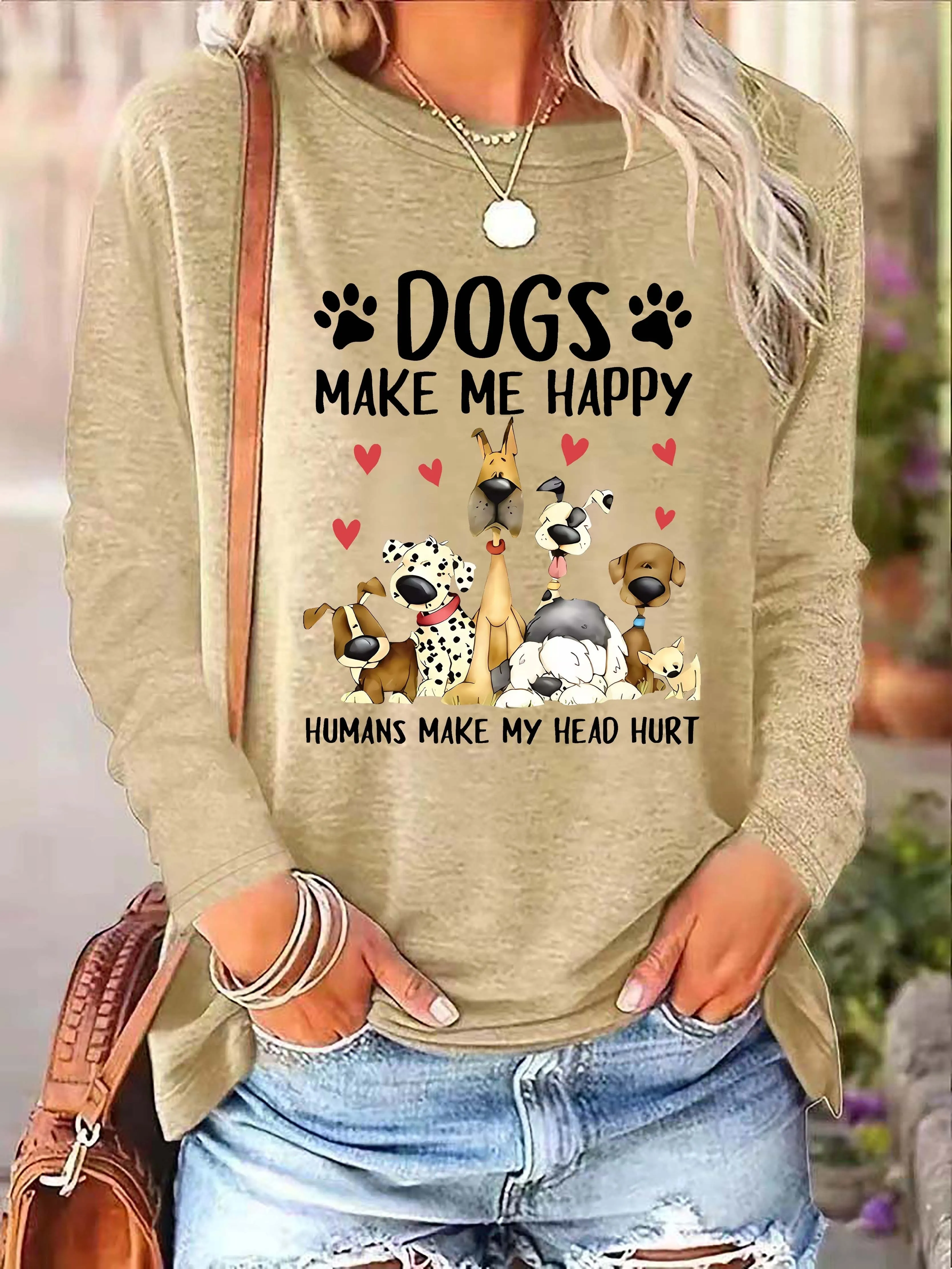 Dog  Letter Print Crew Neck TShirt for Women