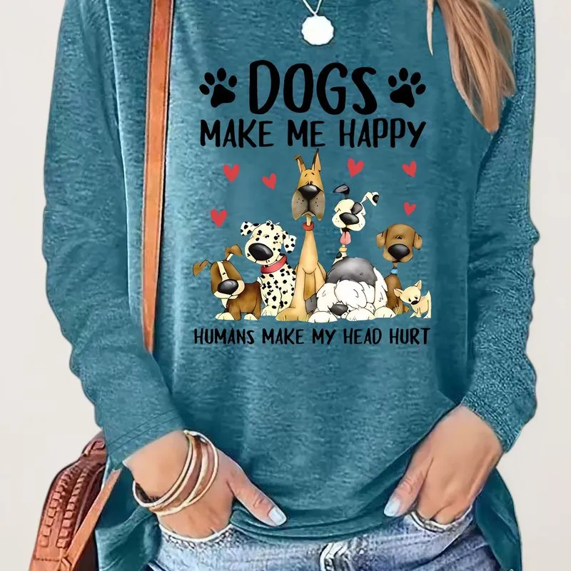 Dog  Letter Print Crew Neck TShirt for Women