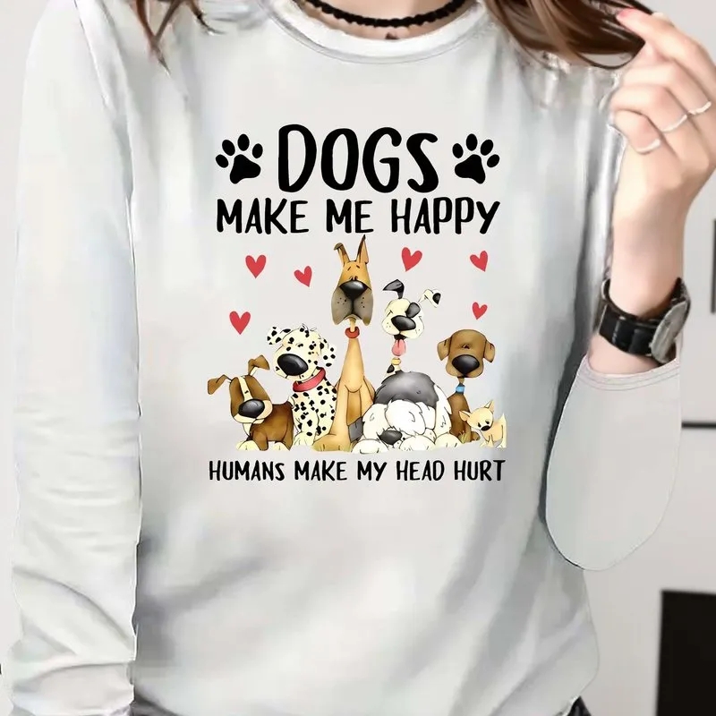 Dog  Letter Print Crew Neck TShirt for Women