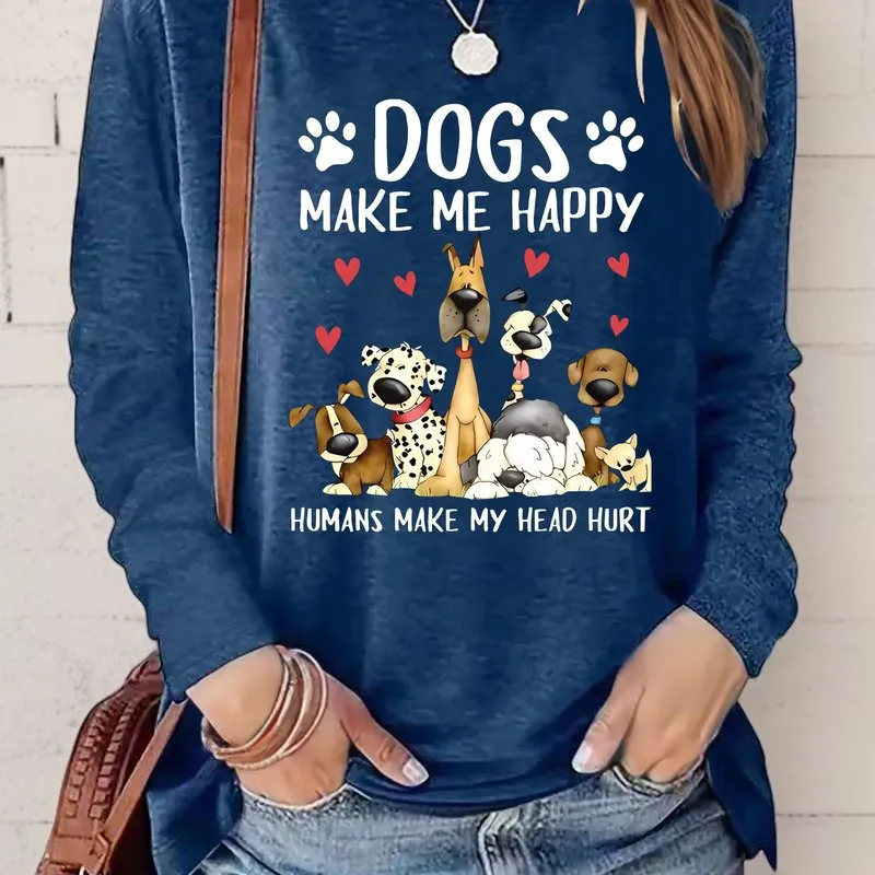 Dog  Letter Print Crew Neck TShirt for Women