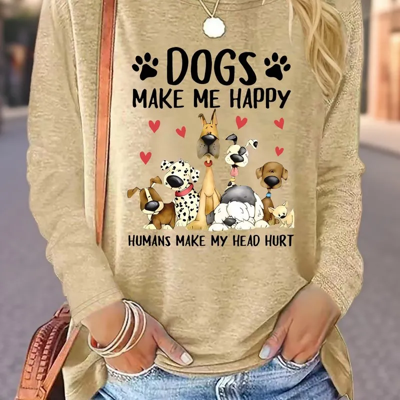 Dog  Letter Print Crew Neck TShirt for Women