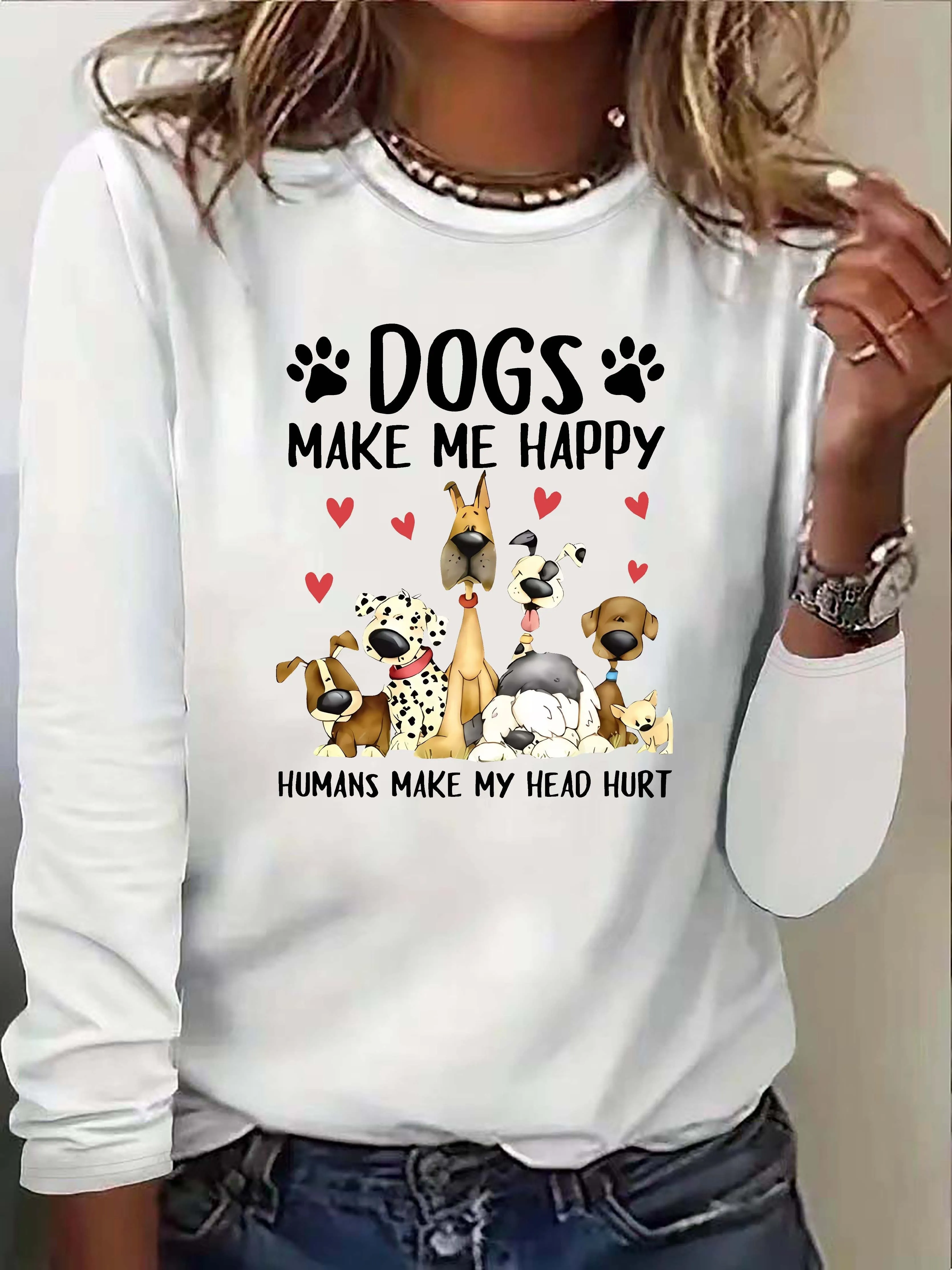 Dog  Letter Print Crew Neck TShirt for Women