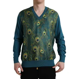 Dolce & Gabbana Silk V-Neck Peacock Feather Sweater