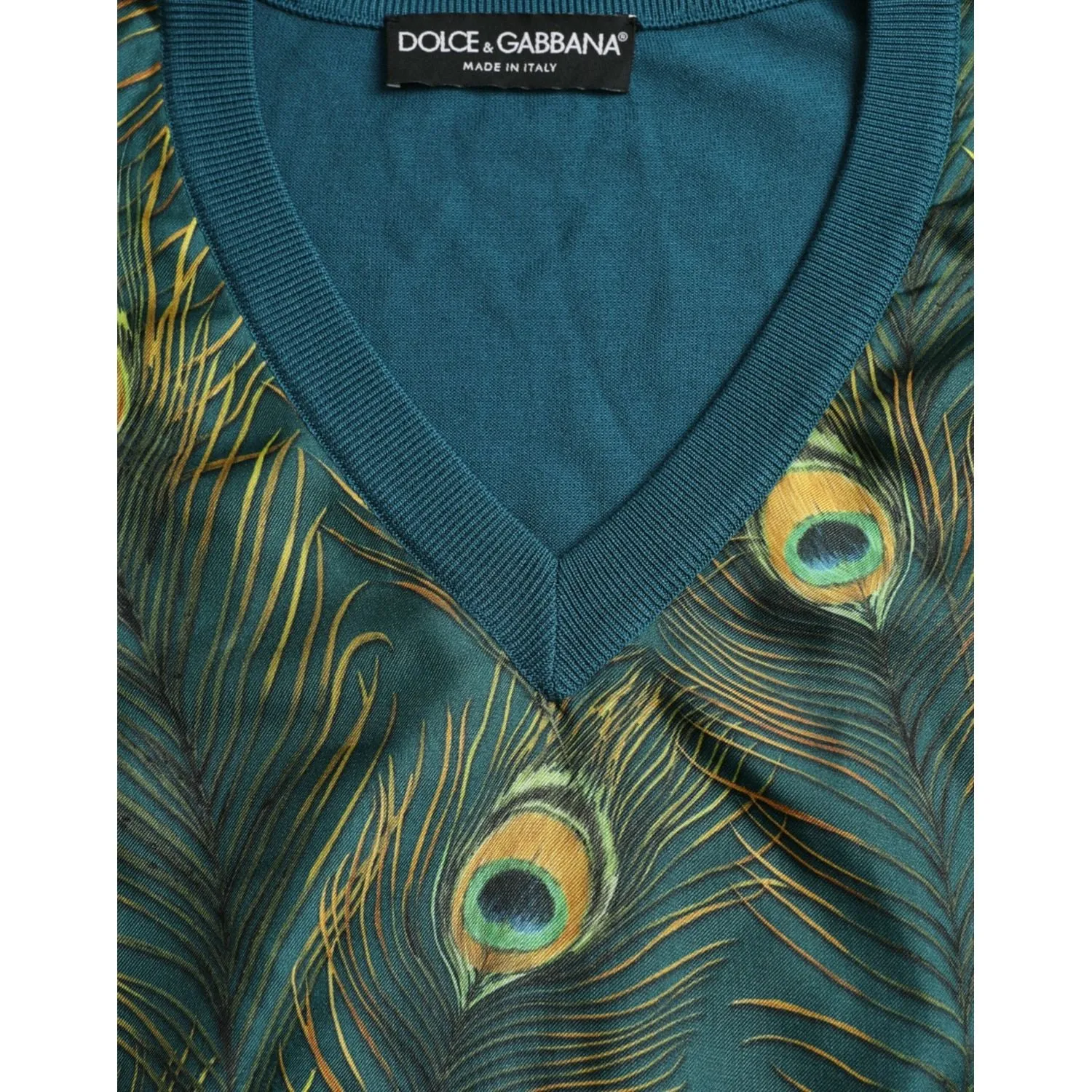 Dolce & Gabbana Silk V-Neck Peacock Feather Sweater