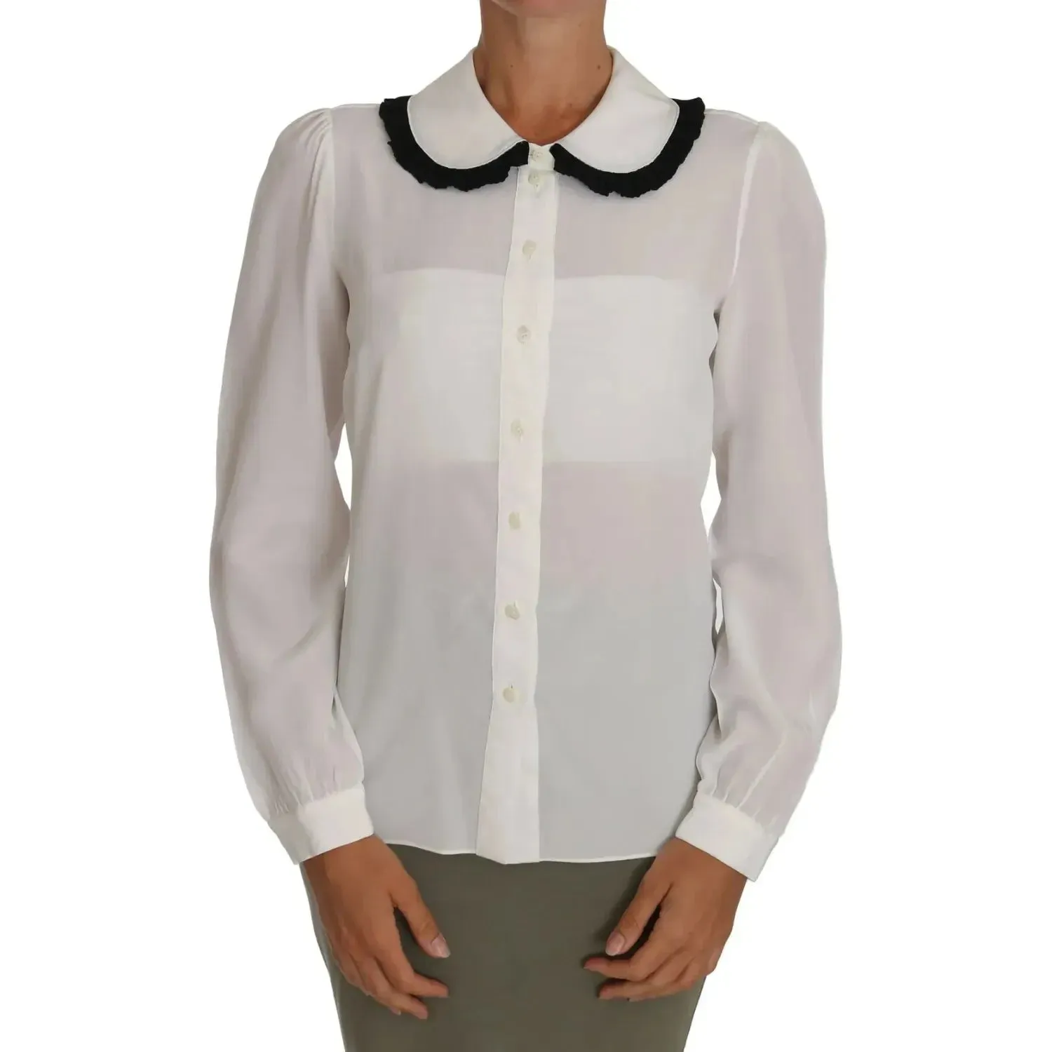 Dolce & Gabbana White Silk Shirt Ruffle Rouded Collar Blouse