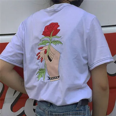 Embroidery Rose tshirt Women Couples Clothes T Shirt 2017 Summer Short Sleeve Female t-shirt harajuk Tops tee shirt femme C370