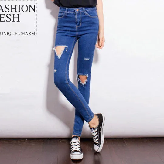 Fashion Casual Women Brand Vintage High Waist Skinny Denim Jeans Slim Ripped Pencil Jeans Hole Pants Female Sexy Girls Trousers