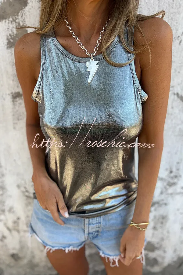 Fashionable Metallic Luster Round Neck Sleeveless Casual Vest