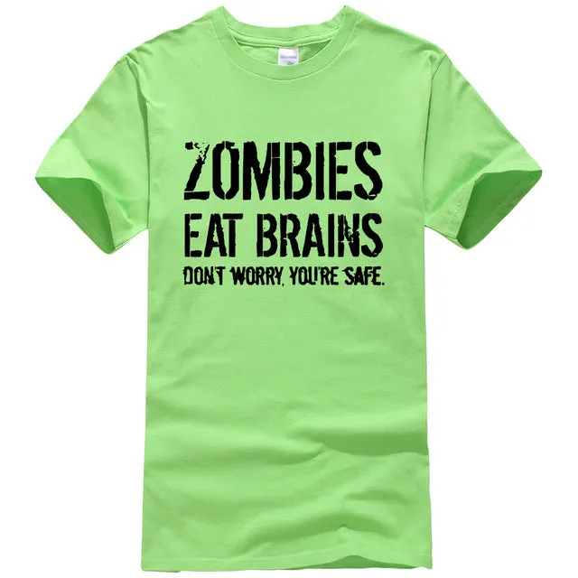 Funny Zombies Eat Brains So You'Re Safe TShirt Men's Letter Printed Short Sleeve O-Neck T-Shirts Fashion Hip Hop Streetwear Tops