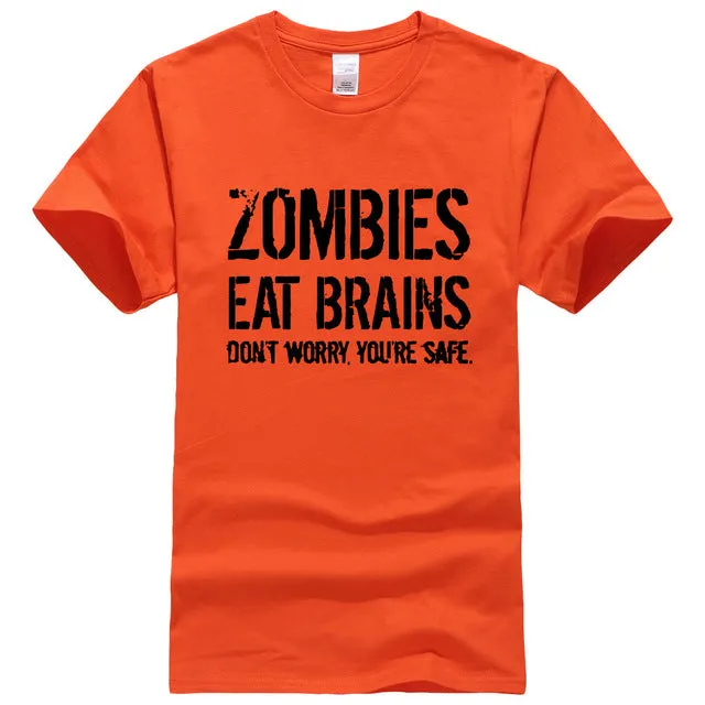 Funny Zombies Eat Brains So You'Re Safe TShirt Men's Letter Printed Short Sleeve O-Neck T-Shirts Fashion Hip Hop Streetwear Tops