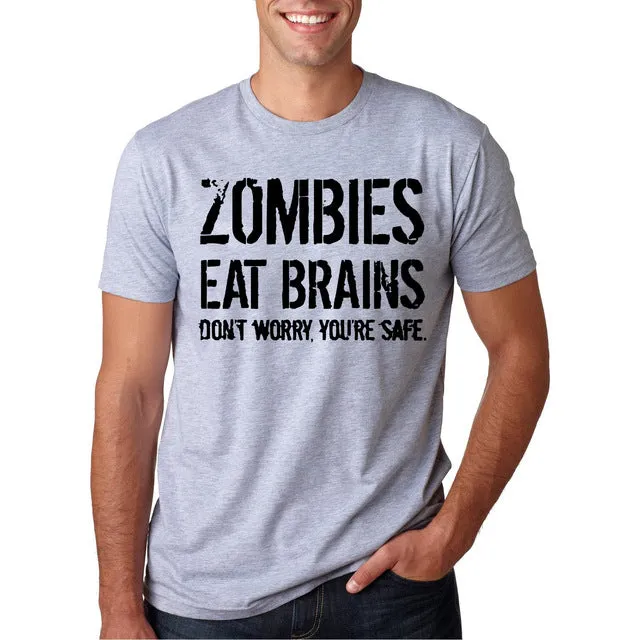 Funny Zombies Eat Brains So You'Re Safe TShirt Men's Letter Printed Short Sleeve O-Neck T-Shirts Fashion Hip Hop Streetwear Tops