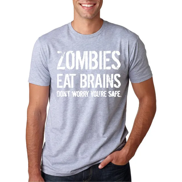 Funny Zombies Eat Brains So You'Re Safe TShirt Men's Letter Printed Short Sleeve O-Neck T-Shirts Fashion Hip Hop Streetwear Tops