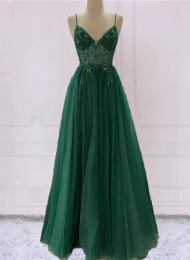 Green V-neckline Beaded Tulle Floor Length Party Dress, A-line Green Prom Dress